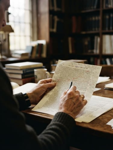 Scholarly hands reviewing manuscript proofs on a desk, soft natural library light, shallow depth of field, over-the-shoulder shot.