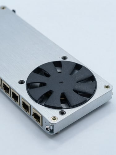 Macro close-up of a ruggedized aluminum fanless chassis with heat sink fins, industrial ports visible, clean studio lighting, cool blue and slate grey tones, 50mm