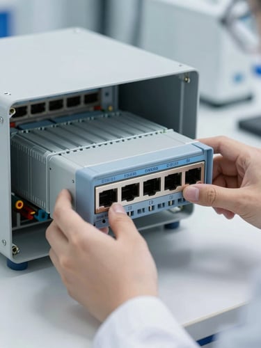 An industrial automation engineer in a clean lab environment configuring a DIN-rail mounted network switch, bright daylight, sharp focus