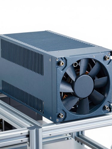 Crisp industrial product photography, clean studio lighting, sharp details, cool blue and slate grey tones, 50mm, a ruggedized fanless industrial PC mounted in a clean metal rack on an active production line
