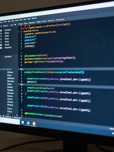Macro close-up of a high-resolution monitor displaying clean, complex system architecture code, cool blue and teal lighting, sharp focus, technical atmosphere.