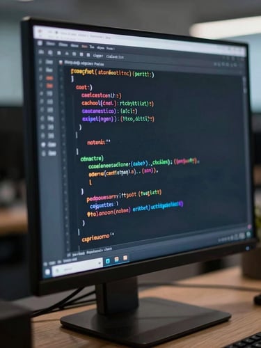 Macro close-up of clean code on a vertical monitor, cool-toned ambient light, high contrast, shallow depth of field, technical workspace