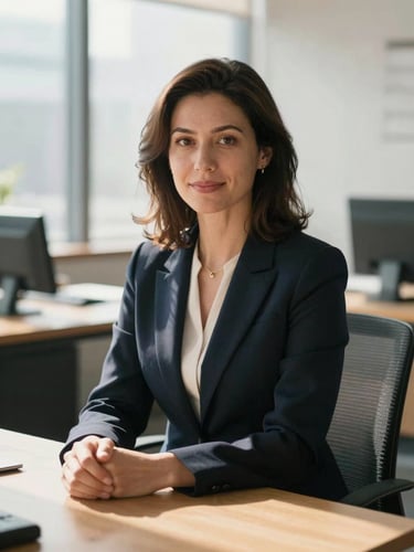 Dignified and approachable portrait of a female attorney in a sunlit modern office, sitting by a clean wooden desk, soft natural daylight, shallow depth of field, warm editorial style.