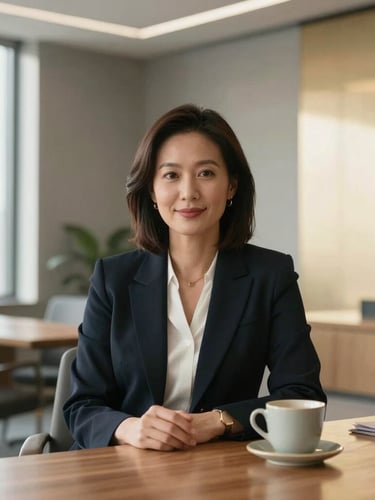 Dignified environmental portrait of a professional female attorney in a sunlit, modern office setting. Soft natural daylight filtering through large windows, warm gray and champagne-gold accents in the decor, clean architectural lines, and a ceramic cup on a wooden table, creating a safe, elegant, and welcoming atmosphere.