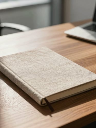 Environmental wide shot of a sunlit, calm modern law office, a textured linen journal on a wooden desk, soft shadows, warm natural daylight.