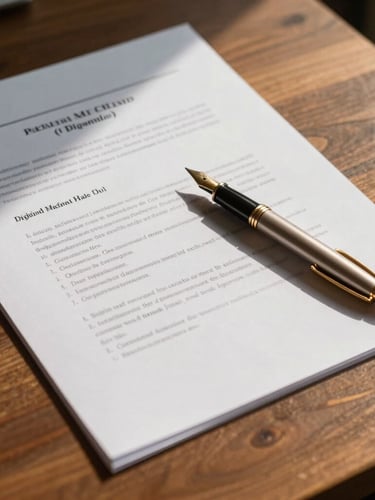 Dignified environmental shot of textured legal documents on a warm oak desk, soft morning sunlight casting long shadows, champagne-gold fountain pen resting on paper, elegant editorial composition