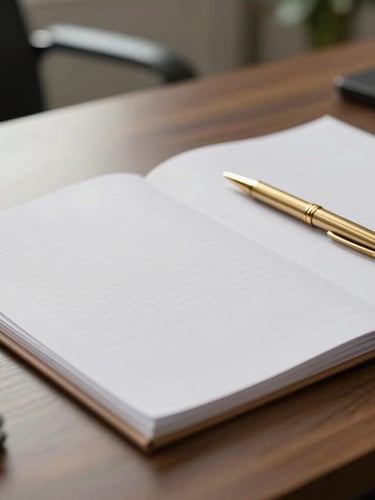Soft diffused daylight falling on a modern legal office desk, textured organic paper documents, elegant gold pen resting on a folder, warm and professional atmosphere, medium shot.