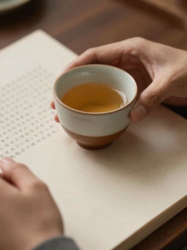 Close-up of hands holding a warm ceramic cup on a textured paper document, soft natural light, elegant environment.