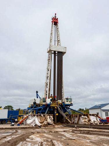 Wide environmental shot of a large drilling rig mid-operation on a rural French work site, steel drill mast rising against an overcast sky, exposed chalky geological strata visible at the borehole edge, muddy terrain in foreground, natural diffused daylight, no workers posed