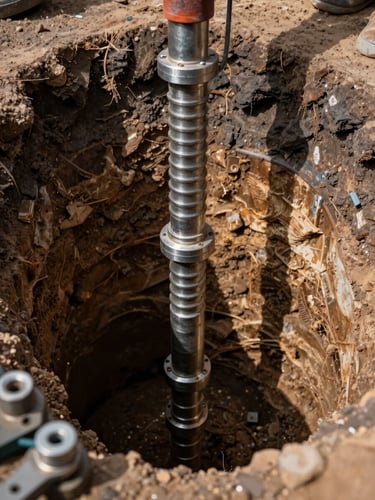 Close-up of a steel borehole casing being lowered into dark excavated earth, geological strata visible in cross-section on the trench wall, daylight from above casting natural shadows, equipment fittings sharp in the foreground