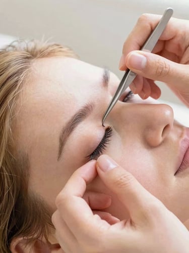 Close-up of a beauty artist's hands meticulously applying a single eyelash extension with tweezers, soft diffused natural daylight, shallow depth of field, warm gold and soft pink tones.