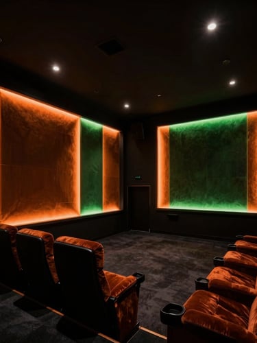 Dramatic architectural wide-angle view of a luxury private cinema interior, low-key theater lighting with sharp orange and green accent glows on fabric wall panels, 35mm