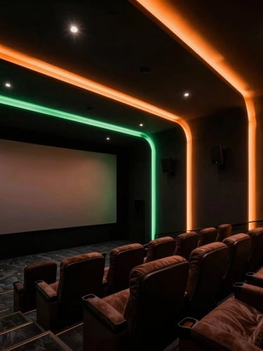 Dramatic architectural photography of a luxury home cinema, low-key theater lighting with orange and green accent glows, sharp detail, 35mm