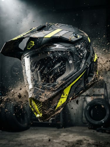 Dynamic low-angle studio shot of a premium matte black off-road helmet with sharp yellow accents, dramatic spotlighting, dark gritty background, 35mm