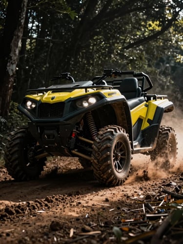 Dynamic low-angle action shot of a high-performance UTV kicking up mud on a forest trail in Corupá, dramatic backlight, high-contrast dark tones, 35mm