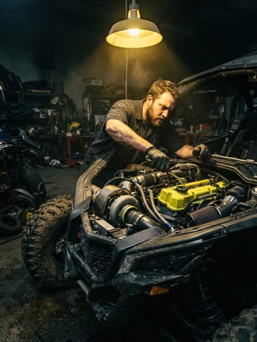 Low-angle dynamic shot of a high-performance UTV engine bay being tuned by a professional mechanic in a dark, moody workshop, dramatic yellow overhead light, metallic tools, 35mm