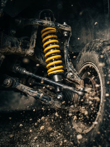 Dynamic low-angle close-up of high-performance off-road suspension components, yellow spring, metallic shock absorber, dramatic dark studio lighting, 35mm