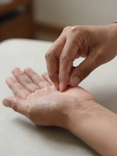 Close-up of a practitioner's hands taking a patient's pulse, three-finger classical Ayurvedic position on the wrist, diffuse north-facing light, clinical table surface below, no faces visible