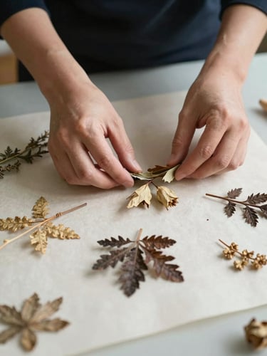 Close-up overhead view of a practitioner's hands arranging dried botanical specimens on parchment paper, soft north-facing daylight, clinical workspace surface visible at edges, no faces