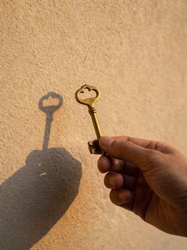 An intimate close-up of a hand holding an old brass key against a textured plaster wall, warm golden-hour light, shallow depth of field.