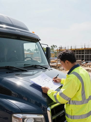 Wide angle shot of a project manager in high-visibility gear reviewing site plans on the hood of a branded dark navy fleet truck, active construction site in the background under bright natural daylight.