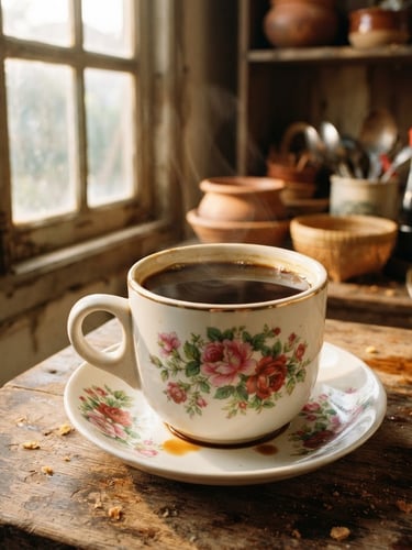 Close-up of a traditional floral kopitiam cup filled with thick dark coffee, warm morning light filtering through a wooden window, vintage Malaysian kitchen setting, 35mm film style.