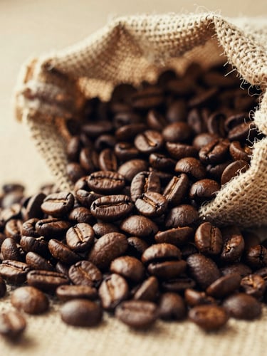 Close-up of raw and dark roasted coffee beans spilling from a rustic gunny sack, warm golden-hour morning light, rich coffee brown tones, 35mm film style.
