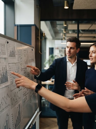 Collaborative strategy session in a modern British office, hands pointing at a physical whiteboard with data dashboards, soft overcast natural light, deep navy and brass tones, shallow depth of field, 35mm