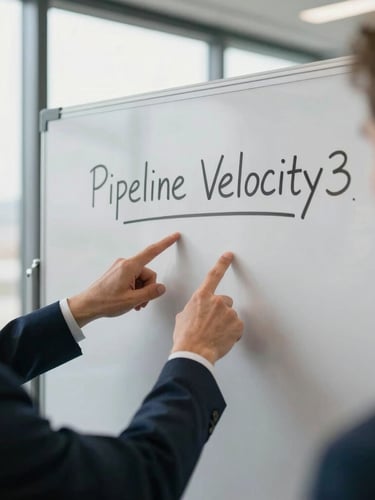 A focused strategy session, hands pointing at a physical whiteboard with 'Pipeline Velocity' written clearly, soft overcast light through large office windows.