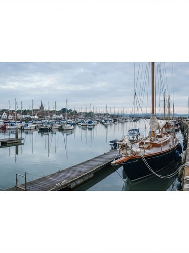 Wide panoramic Emsworth harbor at dawn, a classic sailing yacht docked to the right, calm water reflecting the sky, soft overcast light.