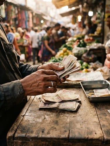 A close-up of a local merchant's hands counting paper currency over a wooden counter in a vibrant regional market, warm high-contrast golden sunlight, 35mm film grain.