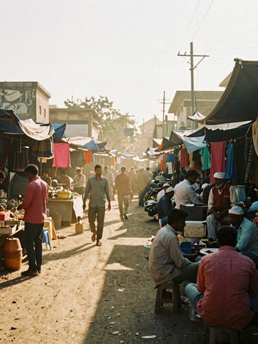 A wide-angle documentary photograph of a bustling open-air bazaar in a Tier 2 Indian city, dusty golden hour sunlight filtering through colorful tarps, shoppers and merchants interacting naturally.