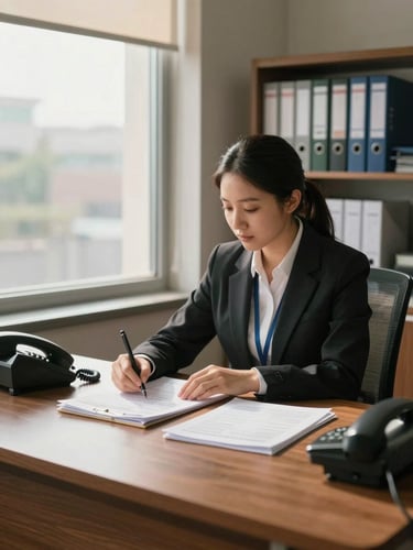 Environmental wide shot, a travel coordinator seated at a wooden desk near a large window, warm daylight falling across open passport files and a ringing telephone, office shelves with route binders visible in background, documentary framing
