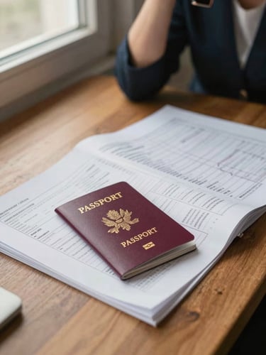 Close environmental shot of a travel coordinator's desk — open passport, printed itinerary sheets, and a phone pressed to an ear, warm window light from the left, papers mid-spread on a wooden surface