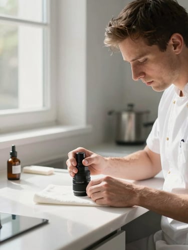 Technicien en tenue professionnelle blanche appliquant un traitement de précision sous un comptoir de cuisine moderne, lumière naturelle claire, atmosphère sereine.