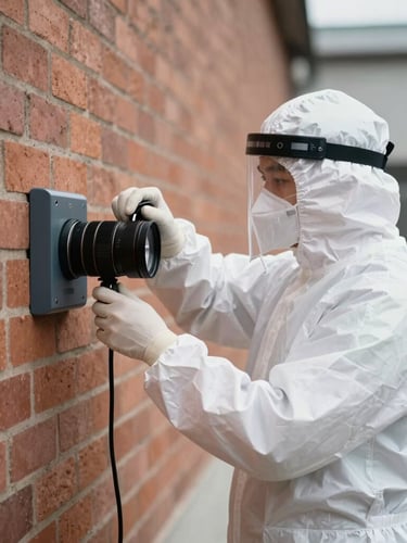 Plan moyen d'un technicien en tenue blanche de protection ajustant un dispositif de sécurité hermétique le long d'un mur en briques, lumière du jour claire.