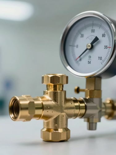 Close-up macro of a high-precision brass spray nozzle and professional pressure gauge, spotless clinical setting, soft natural daylight, technical authority.