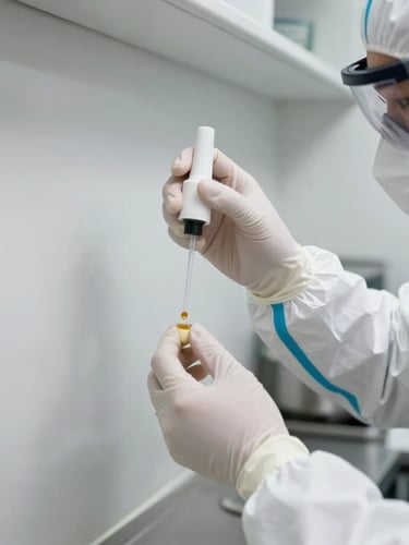 Macro clean shot of a professional pest control technician in white protective gear carefully applying a precise gel treatment in a clinical kitchen corner, bright daylight, high clarity.