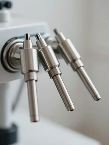 Macro shot of professional pest control equipment, clean stainless steel nozzles, bright clinical lighting, absolute precision, neutral background.