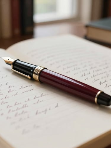 Close-up of elegant fountain pen resting on a handwritten manuscript, warm library background, soft focus, 35mm