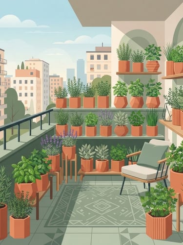 Flat vector illustration of a modern apartment balcony filled with terracotta pots of green herbs, clean geometric shapes, warm terracotta and sage green colors, minimalist botanical style.