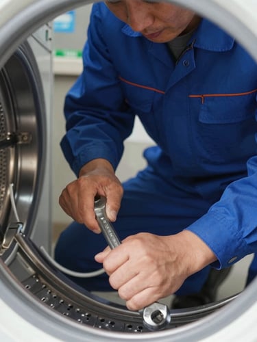 A professional technician in a clean royal blue uniform repairing a washing machine drum, bright natural daylight, close-up action shot focusing on hands holding a wrench near the metallic drum.