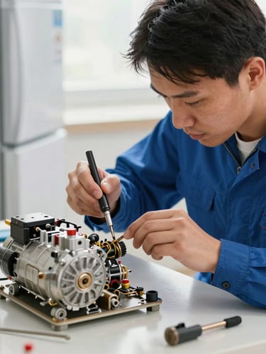 A professional technician in a blue uniform using precision tools to repair a refrigerator compressor, bright natural lighting