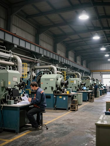 Wide-angle interior of a large industrial manufacturing facility in Türkiye, heavy machinery in the background, a single worker reviewing documentation at a workstation in the left foreground, controlled tungsten light from overhead fixtures, observational framing from a distance, no posed subjects