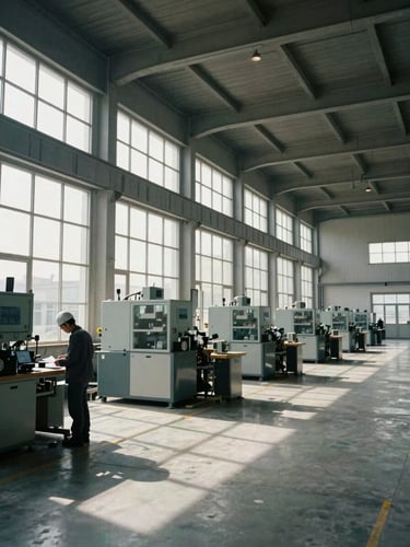 Wide interior of a modern industrial manufacturing facility in Türkiye, controlled north-facing daylight filtering through high windows onto a concrete floor, machinery visible in the mid-ground, a lone figure in a hard hat reviewing documentation at a workstation in the left third, generous negative space in the upper right
