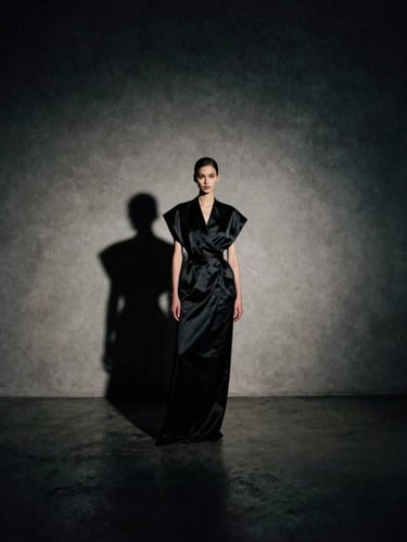 Minimalist architectural space with a single high-fashion model standing in shadow, wearing a structured black silk garment, chiaroscuro lighting