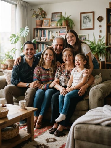 A professional portrait of a Colombian family in their living room, warm natural light, authentic smiles, medium shot, editorial photography