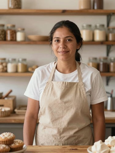 A warm, natural light photograph of a Colombian small business owner in her bakery, looking proudly at her work, soft rich tones, realistic editorial photography