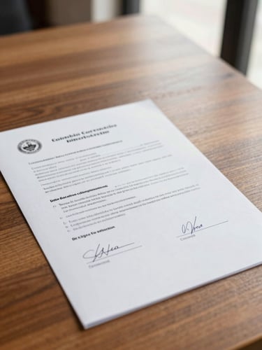 Close-up of a signed official Colombian cooperative registry document on a wooden desk, clean geometric lines, soft natural window light, professional editorial style