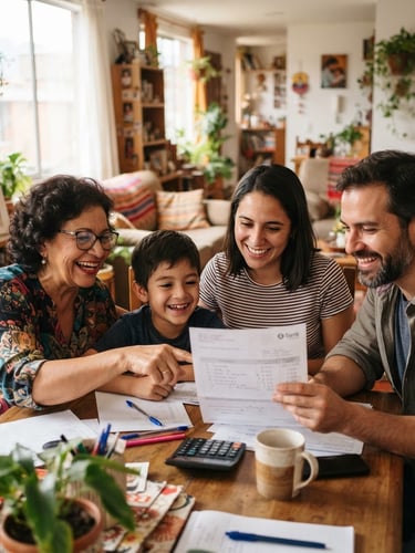 Medium shot of a Colombian family in their bright living room, smiling and looking over a savings document together, soft natural daylight, warm tones, authentic editorial style.